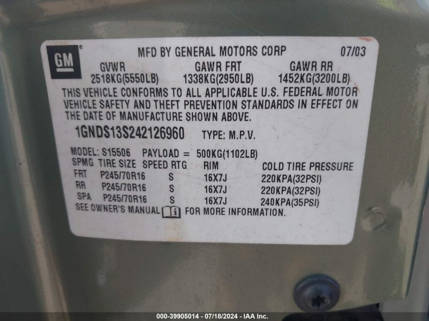 2004 Chevrolet Trailblazer Lt VIN: 1GNDS13S242126960 Lot: 39905014