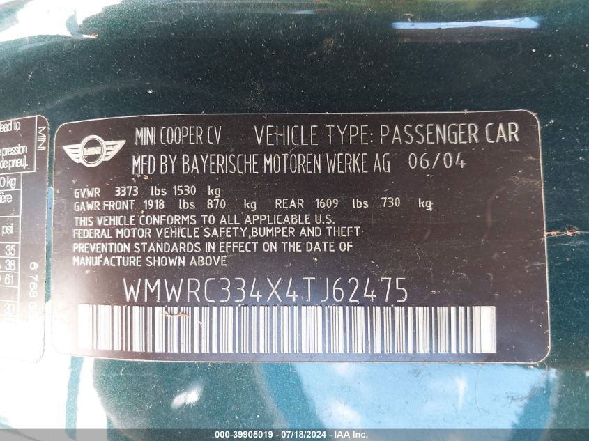 2004 Mini Cooper VIN: WMWRC334X4TJ62475 Lot: 39905019