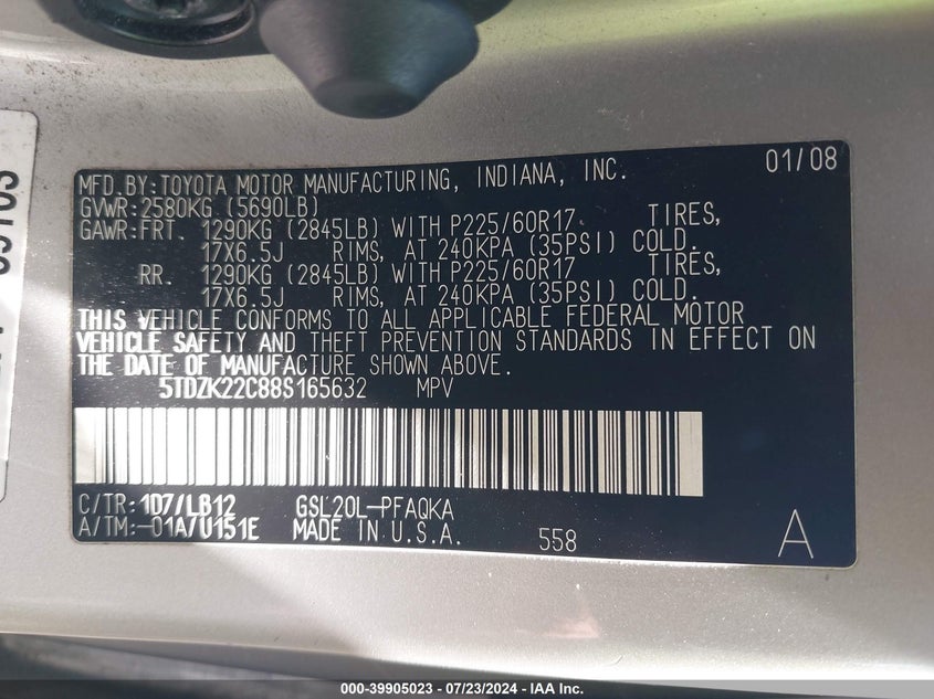 2008 Toyota Sienna Limited VIN: 5TDZK22C88S165632 Lot: 39905023