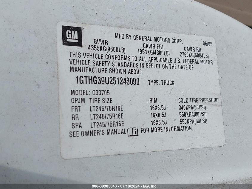 2005 GMC Savana Standard VIN: 1GTHG39U251243090 Lot: 39905043