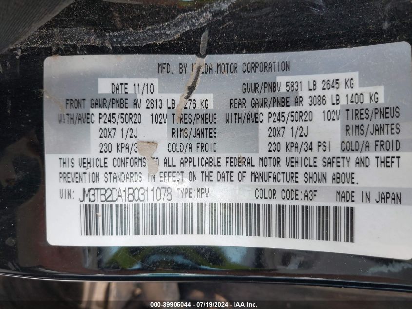 2011 Mazda Cx-9 Grand Touring VIN: JM3TB2DA1B0311078 Lot: 39905044