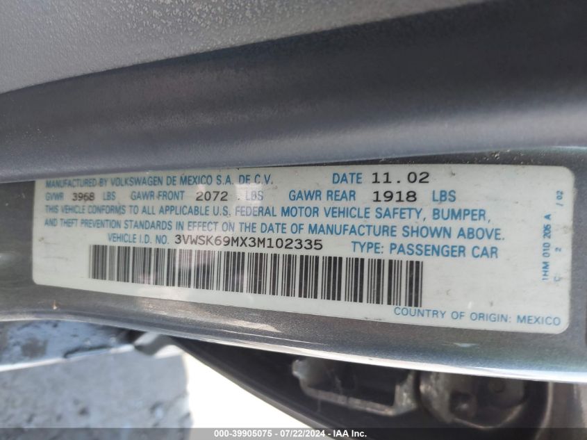 2003 Volkswagen Jetta Gls 2.0L VIN: 3VWSK69MX3M102335 Lot: 39905075