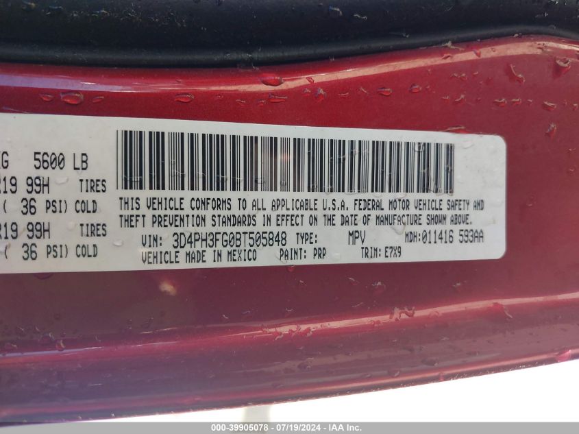 2011 Dodge Journey Crew VIN: 3D4PH3FG0BT505848 Lot: 39905078