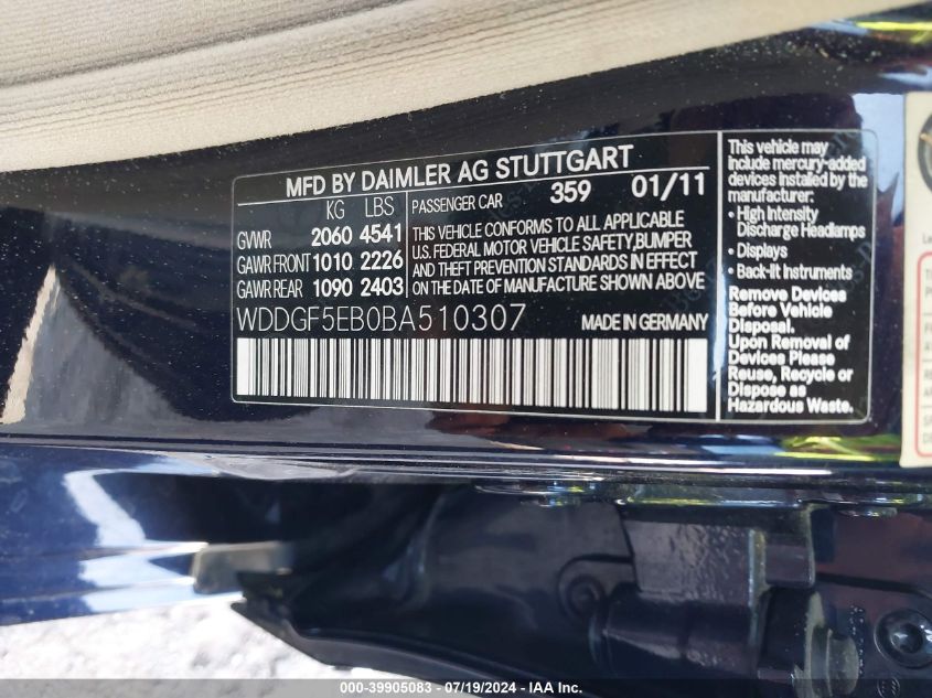 2011 Mercedes-Benz C 300 VIN: WDDGF5EB0BA510307 Lot: 39905083