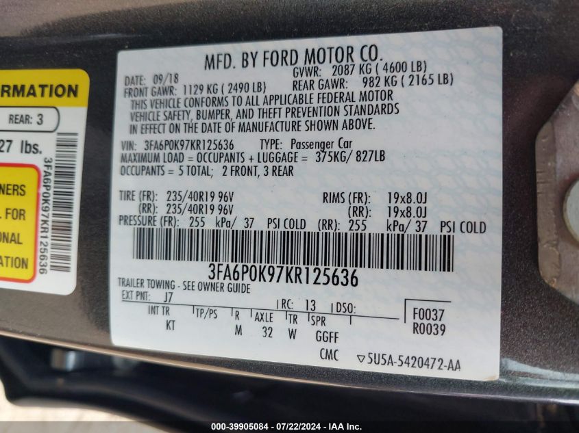 2019 Ford Fusion Titanium VIN: 3FA6P0K97KR125636 Lot: 39905084