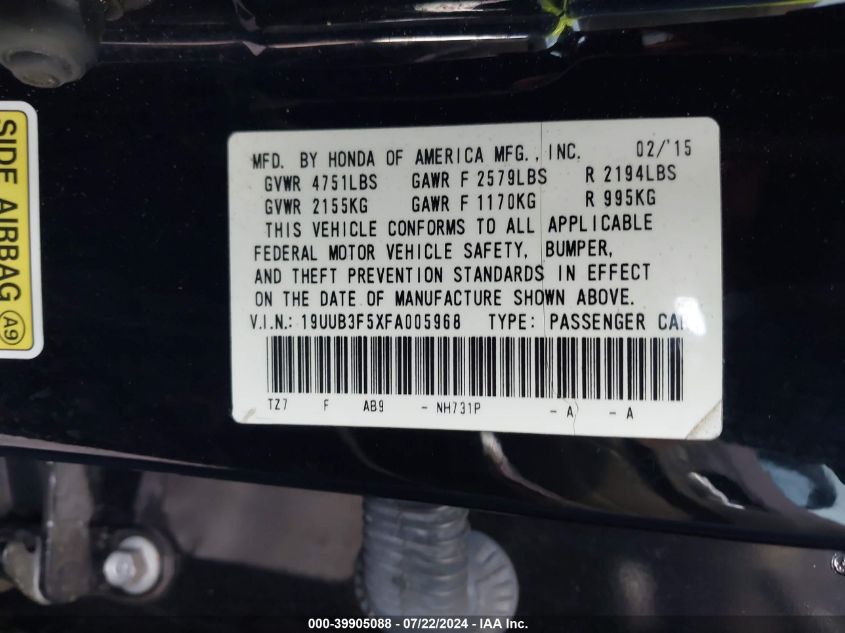 2015 Acura Tlx V6 Tech VIN: 19UUB3F5XFA005968 Lot: 39905088