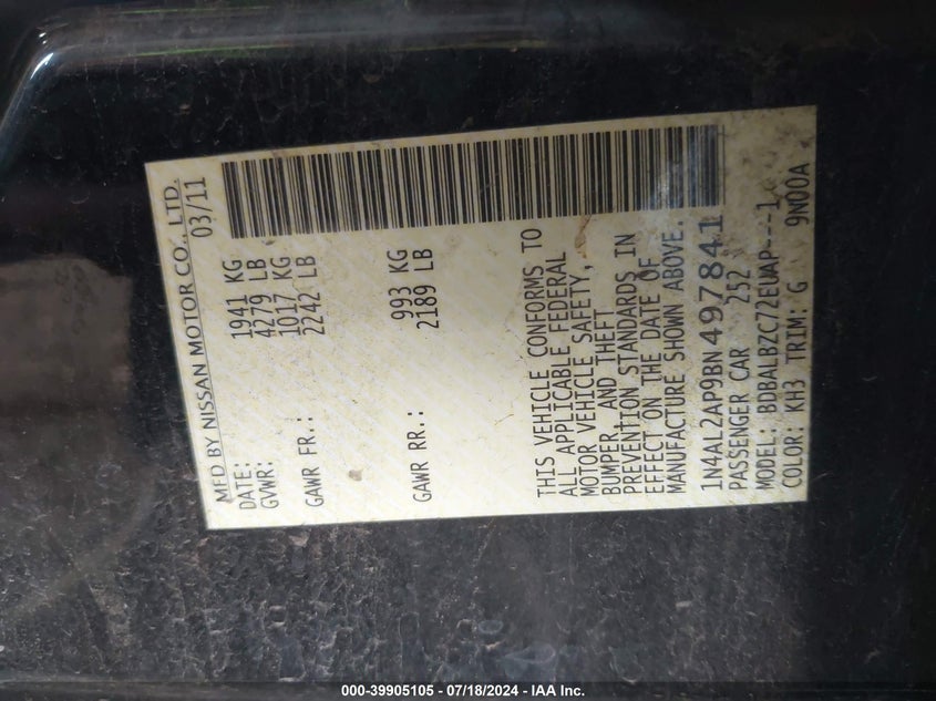 2011 Nissan Altima 2.5 S VIN: 1N4AL2AP9BN497841 Lot: 39905105