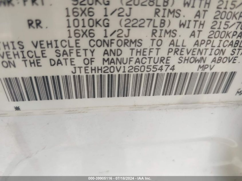 2002 Toyota Rav4 VIN: JTEHH20V126055474 Lot: 39905116