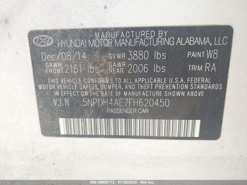 5NPDH4AE7FH620450 2015 Hyundai Elantra Se