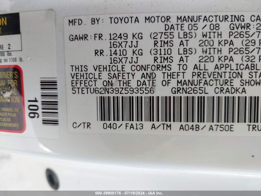 2009 Toyota Tacoma Prerunner V6 VIN: 5TETU62N39Z593556 Lot: 39905176