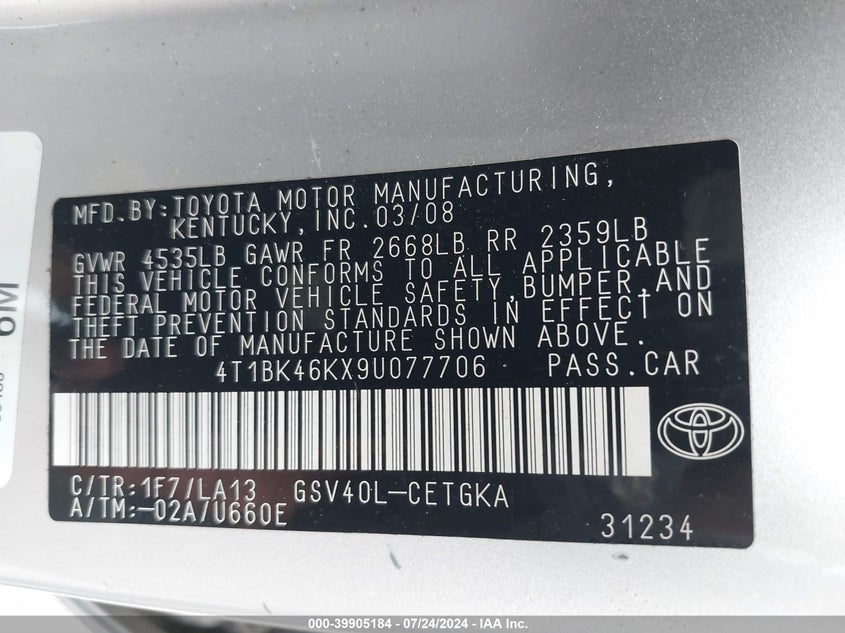2009 Toyota Camry Xle V6 VIN: 4T1BK46KX9U077706 Lot: 39905184
