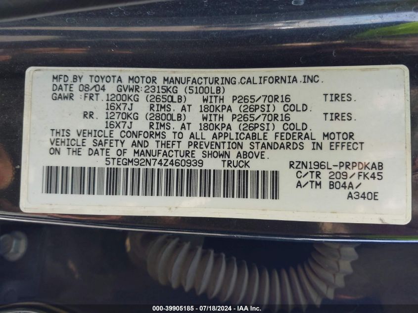 2004 Toyota Tacoma Prerunner VIN: 5TEGM92N74Z460939 Lot: 39905185