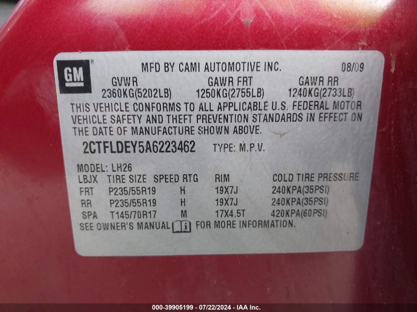 2010 GMC Terrain Sle-2 VIN: 2CTFLDEY5A6223462 Lot: 39905199