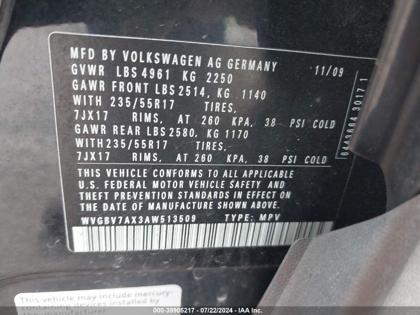 2010 Volkswagen Tiguan Wolfsburg Edition VIN: WVGBV7AX3AW513509 Lot: 39905217