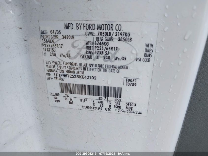 2005 Ford F150 Supercrew VIN: 1FTPW12535KE42102 Lot: 39905219