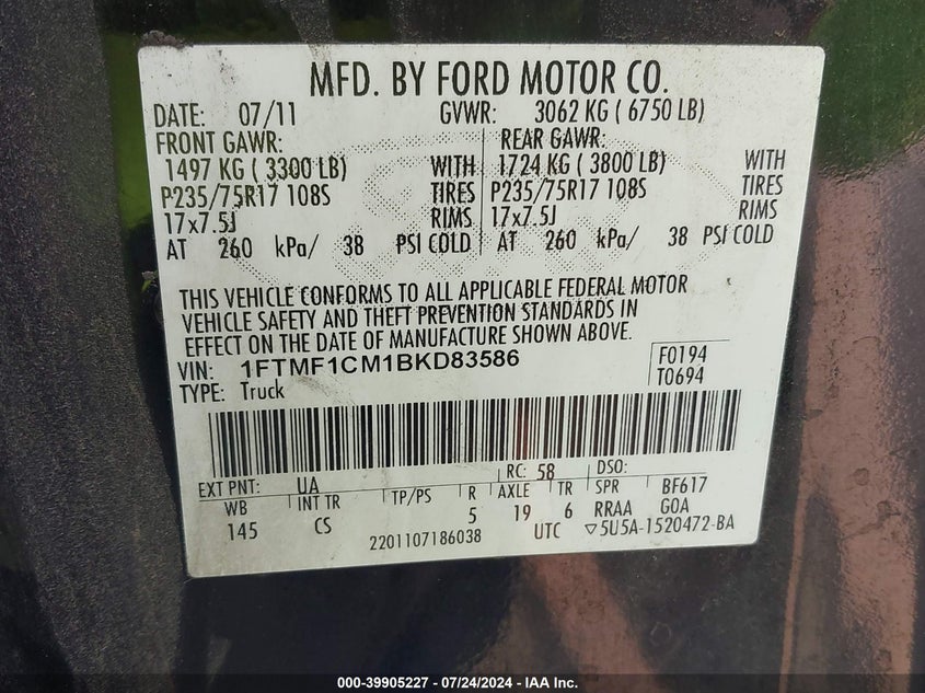 2011 Ford F-150 Xl VIN: 1FTMF1CM1BKD83586 Lot: 39905227