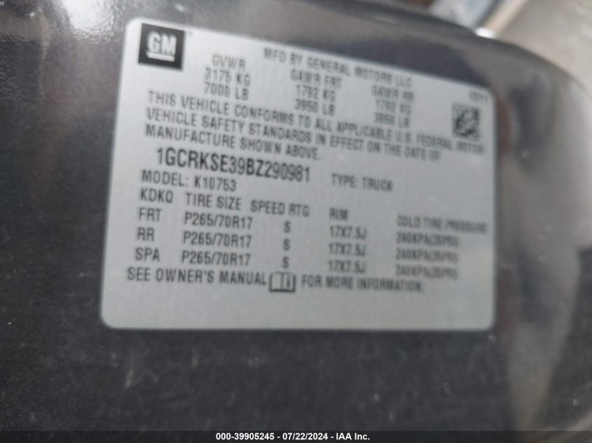 2011 Chevrolet Silverado 1500 Lt VIN: 1GCRKSE39BZ290981 Lot: 39905245