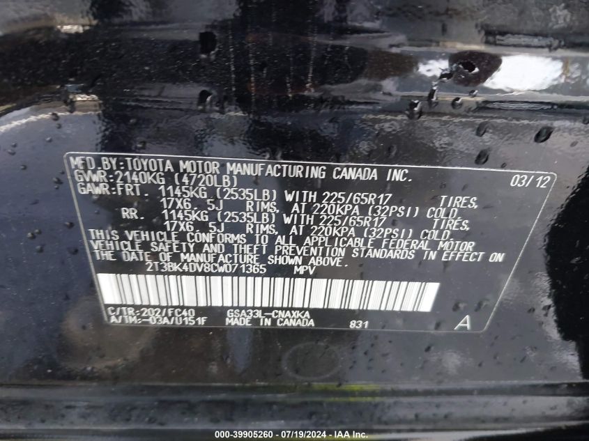 2012 Toyota Rav4 Base V6 VIN: 2T3BK4DV8CW071365 Lot: 39905260