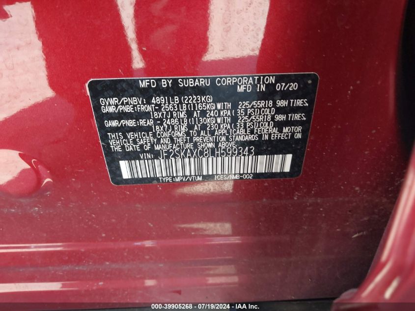 2020 Subaru Forester Touring VIN: JF2SKAXC8LH599343 Lot: 39905268