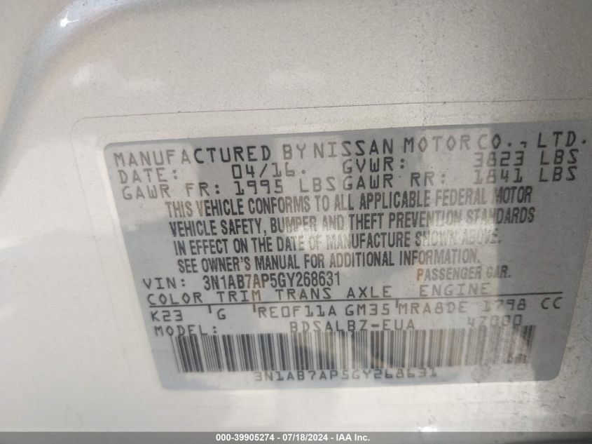 2016 Nissan Sentra S/Sv/Sr/Sl VIN: 3N1AB7AP5GY268631 Lot: 39905274