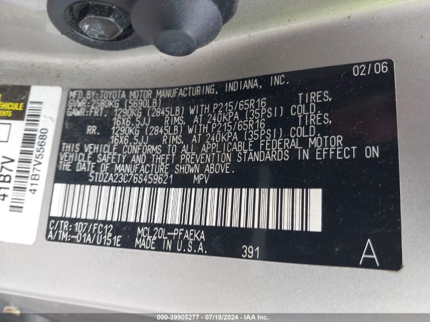 5TDZA23C76S459621 2006 Toyota Sienna Ce/Le