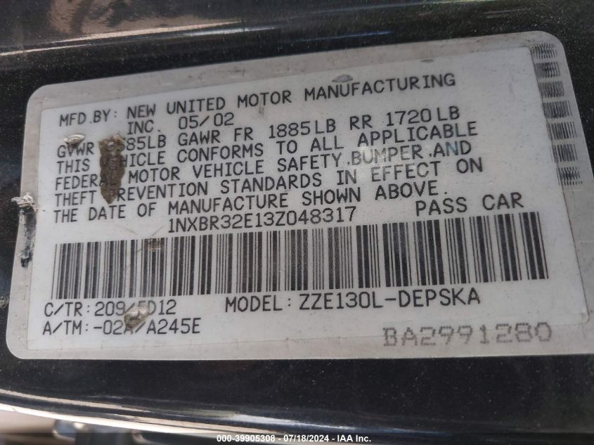 2003 Toyota Corolla Ce/Le/S VIN: 1NXBR32E13Z048317 Lot: 39905308