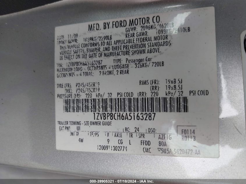 2010 Ford Mustang Gt/Gt Premium VIN: 1ZVBP8CH6A5163287 Lot: 39905321