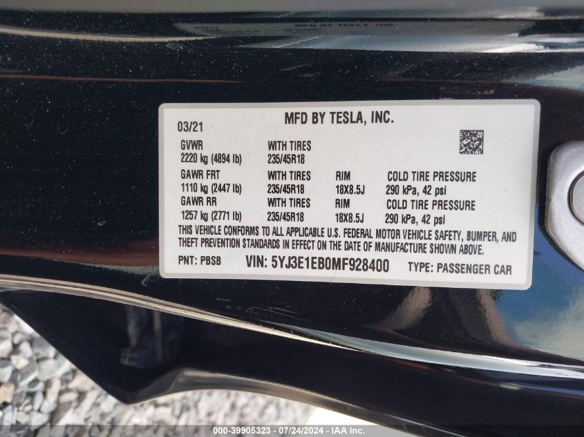 2021 TESLA MODEL 3 LONG RANGE DUAL MOTOR ALL-WHEEL DRIVE - 5YJ3E1EB0MF928400