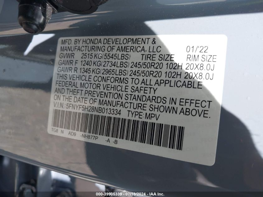 2022 Honda Pilot 2Wd Special Edition VIN: 5FNYF5H28NB013334 Lot: 39905339