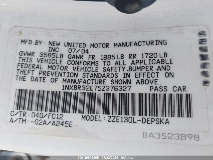 2005 Toyota Corolla S VIN: 1NXBR32E75Z376327 Lot: 39905365