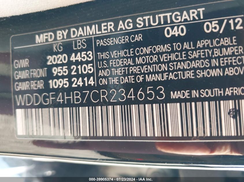 2012 Mercedes-Benz C 250 Luxury/Sport VIN: WDDGF4HB7CR234653 Lot: 39905374