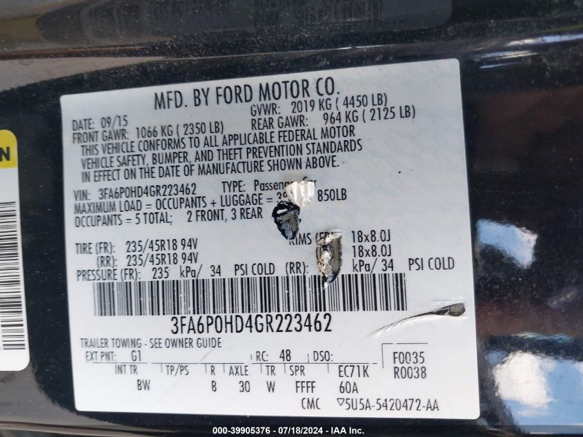 2016 FORD FUSION SE - 3FA6P0HD4GR223462