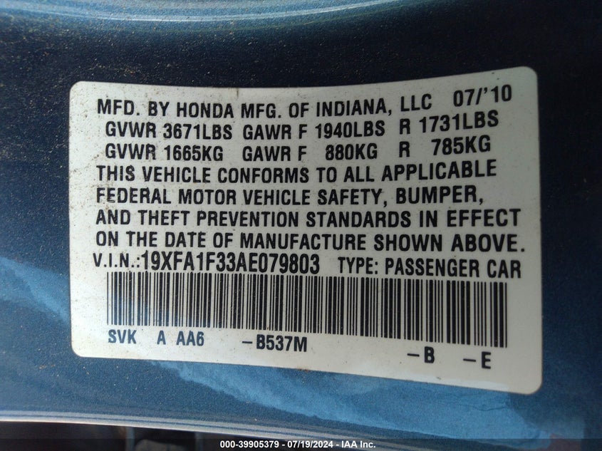 2010 Honda Civic Vp VIN: 19XFA1F33AE079803 Lot: 39905379