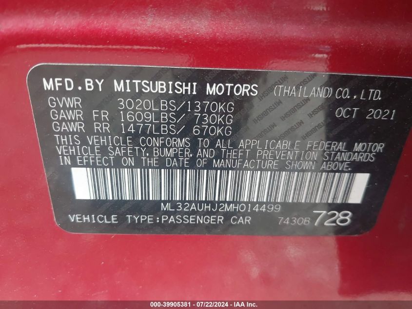 2021 Mitsubishi Mirage Es/Le/Carbonite Edition VIN: ML32AUHJ2MH014499 Lot: 39905381