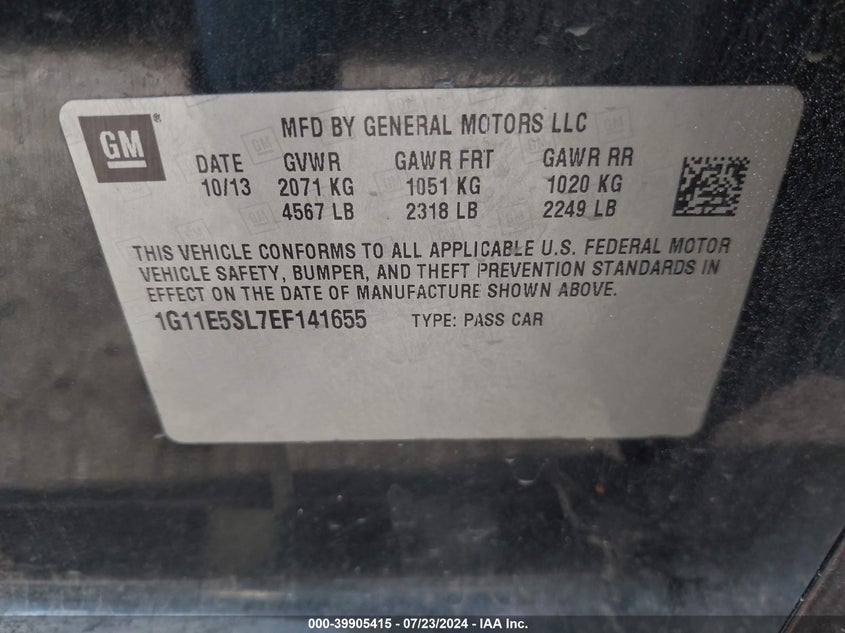 2014 Chevrolet Malibu 2Lt VIN: 1G11E5SL7EF141655 Lot: 39905415