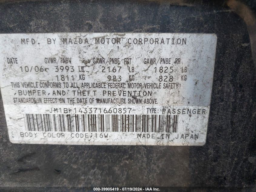 2007 Mazda Mazda3 S Sport VIN: JM1BK143371660857 Lot: 39905419