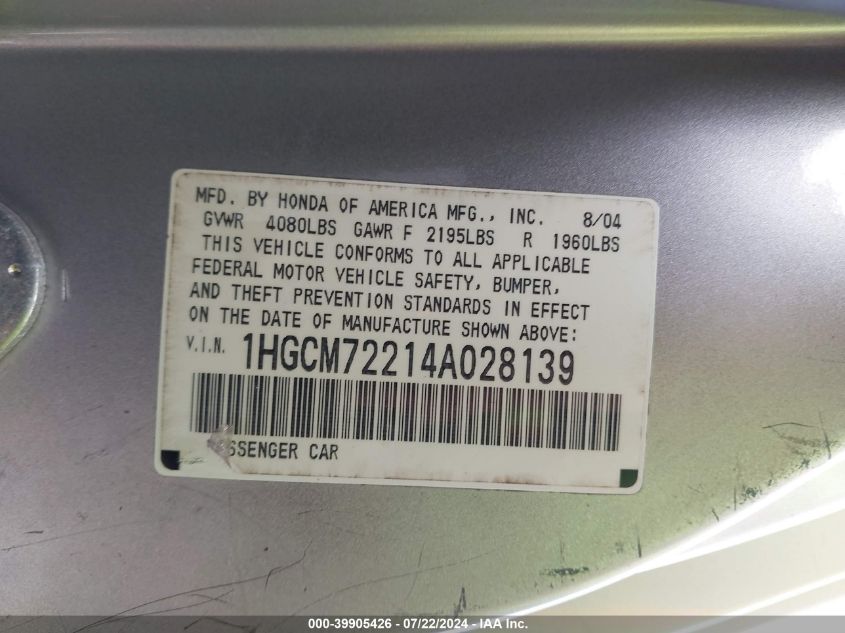 2004 Honda Accord 2.4 Lx VIN: 1HGCM72214A028139 Lot: 39905426