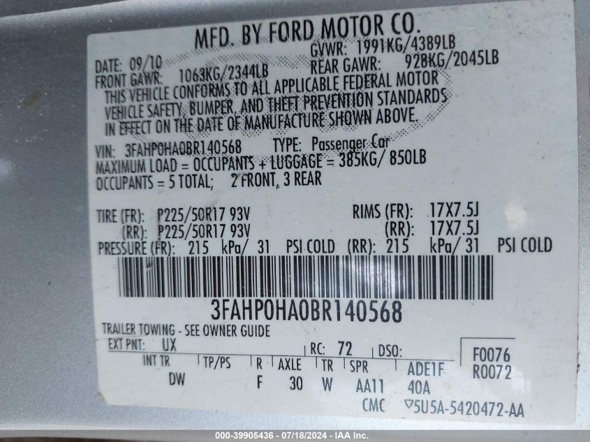 2011 Ford Fusion Se VIN: 3FAHP0HA0BR140568 Lot: 39905436