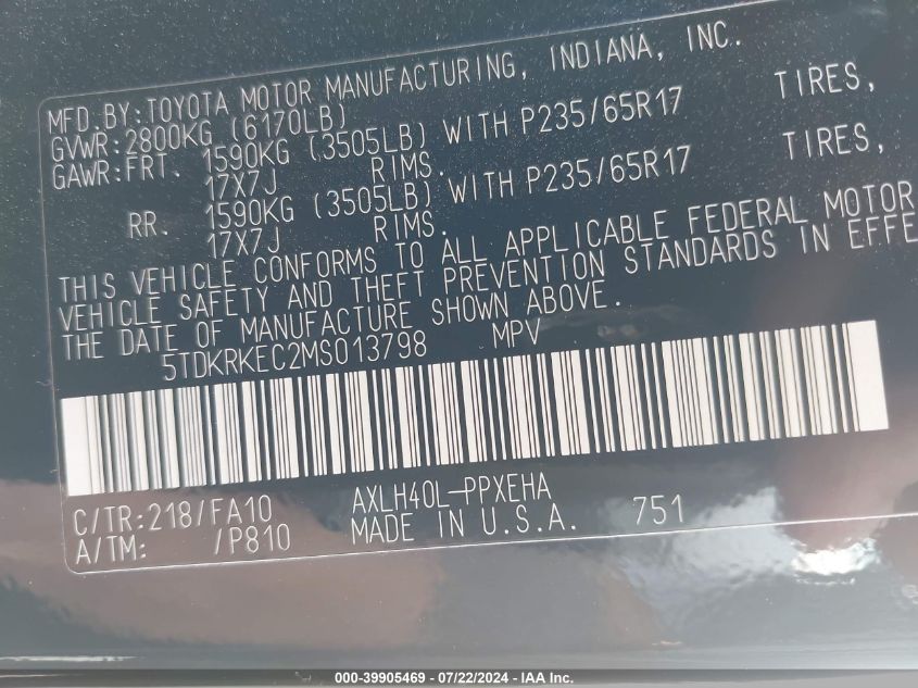 VIN 5TDKRKEC2MS013798 2021 TOYOTA SIENNA LE