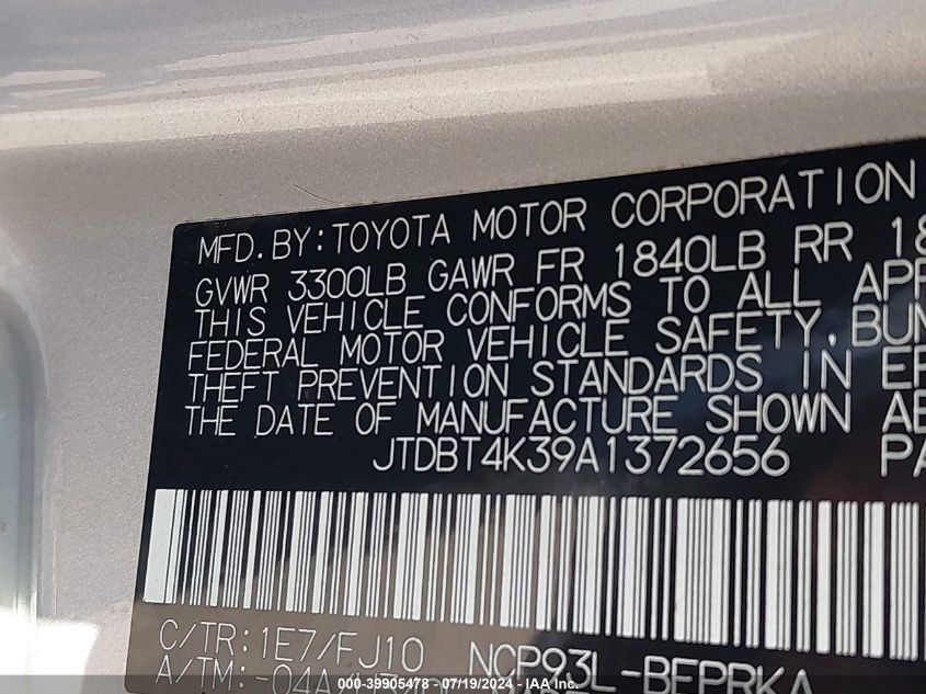 2010 Toyota Yaris VIN: JTDBT4K39A1372656 Lot: 39905478