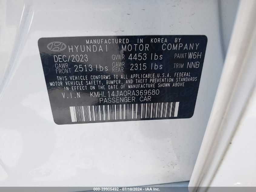 2024 Hyundai Sonata Sel VIN: KMHL14JA0RA369680 Lot: 39905492