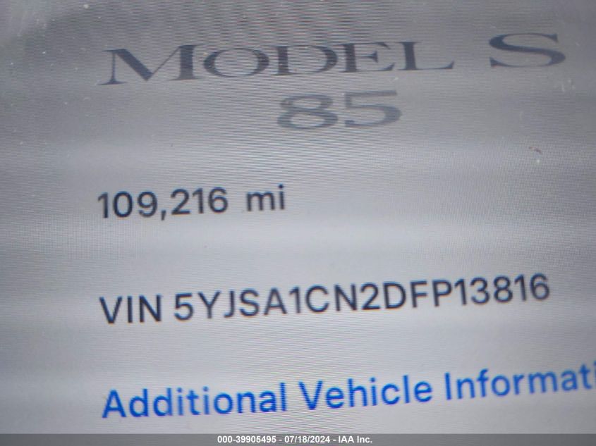 2013 Tesla Model S VIN: 5YJSA1CN2DFP13816 Lot: 39905495