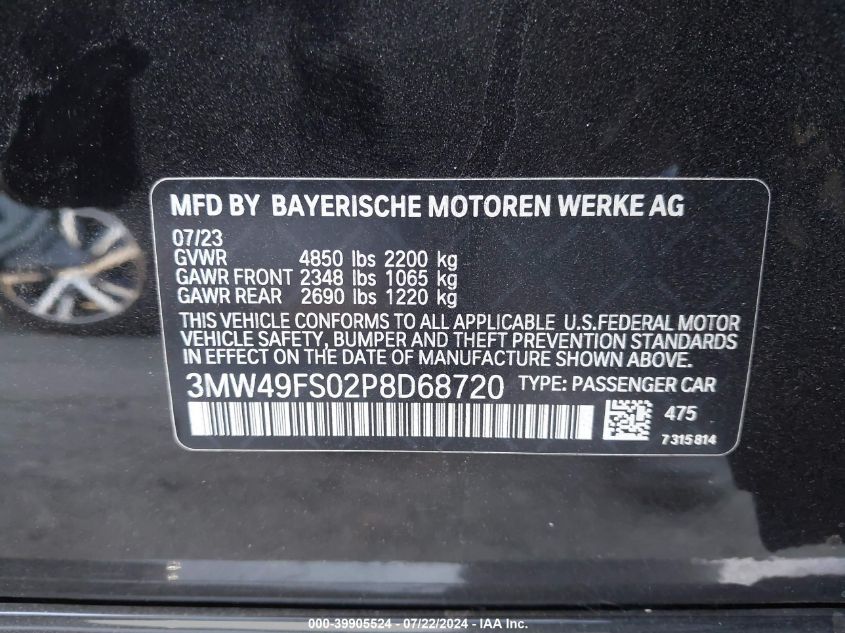 2023 BMW 3 Series M340I VIN: 3MW49FS02P8D68720 Lot: 39905524