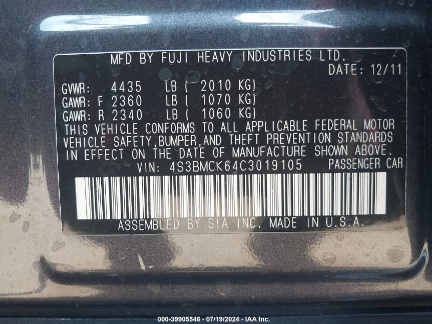 2012 Subaru Legacy 2.5I Limited VIN: 4S3BMCK64C3019105 Lot: 39905546