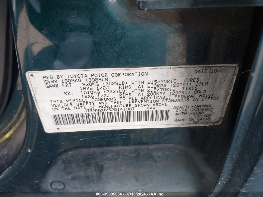 2002 Toyota Rav4 VIN: JTEHH20V520141387 Lot: 39905554
