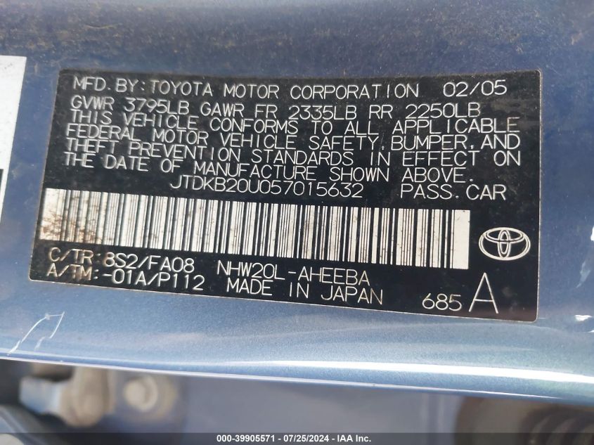 2005 Toyota Prius VIN: JTDKB20U057015632 Lot: 39905571