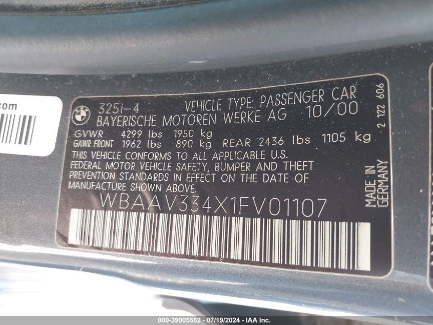 2001 BMW 325I VIN: WBAAV334X1FV01107 Lot: 39905582