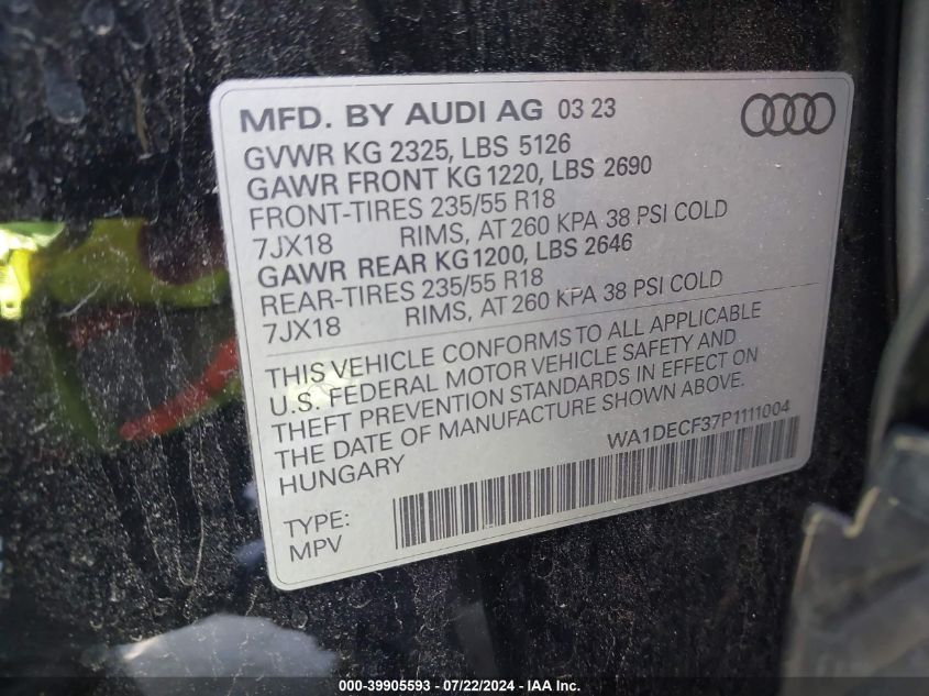 2023 Audi Q3 Premium 45 Tfsi S Line Quattro Tiptronic VIN: WA1DECF37P1111004 Lot: 39905593