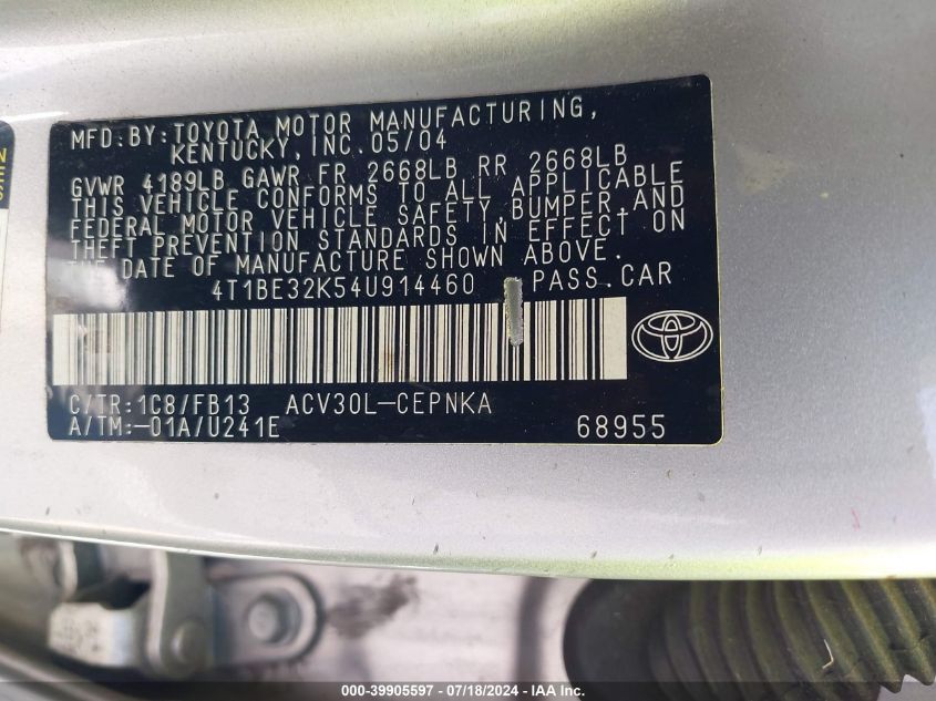 2004 Toyota Camry Le VIN: 4T1BE32K54U914460 Lot: 39905597