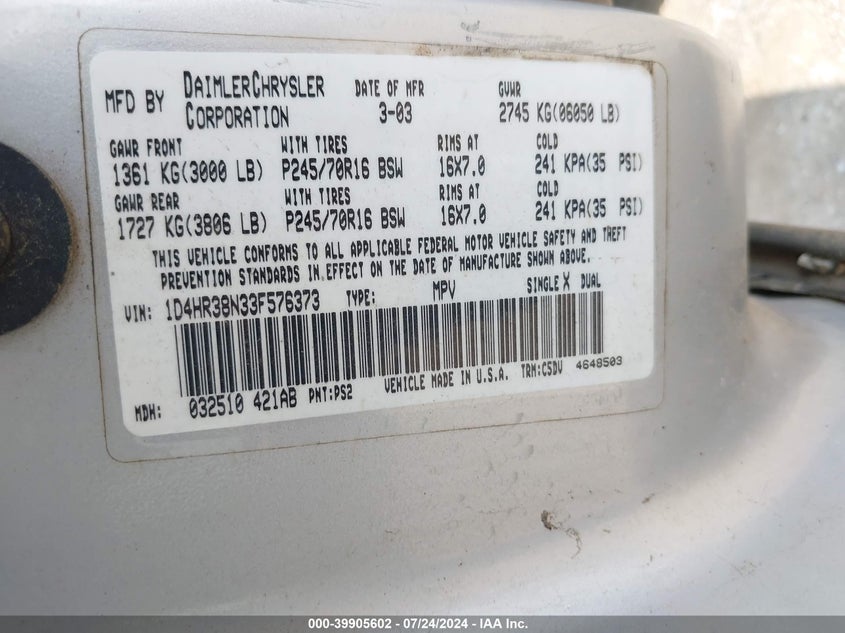 2003 Dodge Durango Sport/Sxt VIN: 1D4HR38N33F576373 Lot: 39905602